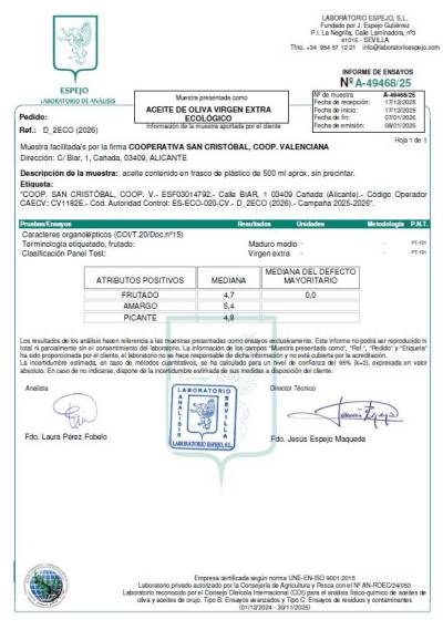 Ekologiczna oliwa z oliwek extra virgin Oro del Vinalopó 2,5 L