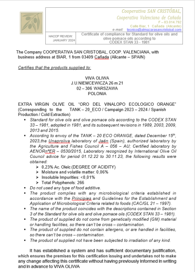 Ekologiczna oliwa z oliwek z pomarańczą Extra Virgin ORO DEL VINALOPÓ w ciemnej butelce 0,25L
